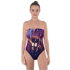 Tardis Regeneration Art Doctor Who Paint Purple Sci Fi Space Star Time Machine Tie Back One Piece Swimsuit by Cendanart