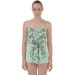 Illustration Of Butterflies And Flowers Ornament On Green Background Babydoll Tankini Top by Ket1n9