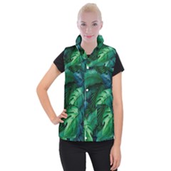 Tropical Green Leaves Background Women s Button Up Vest by Hannah976