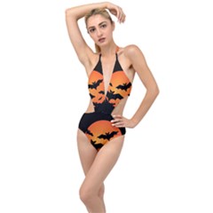 Halloween Bats Moon Full Moon Plunging Cut Out Swimsuit