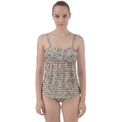 Close Up Photo Of Black Text Old Handwriting Leave Old Script Twist Front Tankini Set by Cendanart