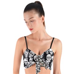 Smile Skull Black Gray With Flowers Woven Tie Front Bralet by CoolDesigns