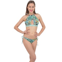 Hawaii Tropical Floral Flowers Turquoise Cross Front Halter Bikini Set   by CoolDesigns