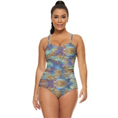Orange Leopard Print Sky Blue Stretch Retro Full Coverage Swimsuit by CoolDesigns