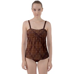 Brown Floral Pattern Floral Vintage Pattern, Brown Vintage Twist Front Tankini Set by nateshop