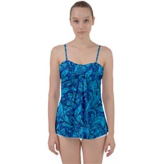 Blue Floral Pattern Texture, Floral Ornaments Texture Babydoll Tankini Top by nateshop