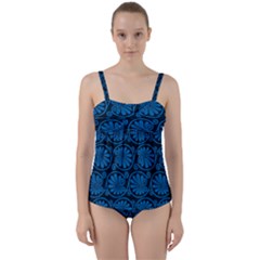 Blue Floral Pattern Floral Greek Ornaments Twist Front Tankini Set by nateshop