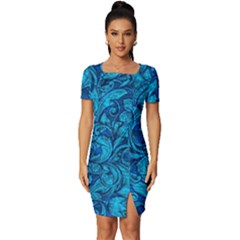 Blue Floral Pattern Texture, Floral Ornaments Texture Fitted Knot Split End Bodycon Dress by nateshop