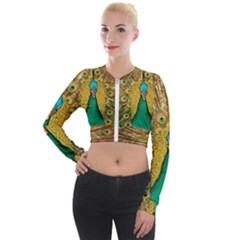 Peacock Feather Bird Peafowl Long Sleeve Cropped Velvet Jacket by Cemarart