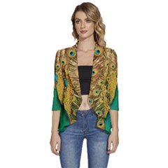 Peacock Feather Bird Peafowl Women s 3/4 Sleeve Ruffle Edge Open Front Jacket by Cemarart