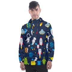 Big Set Cute Astronauts Space Planets Stars Aliens Rockets Ufo Constellations Satellite Moon Rover Men s Front Pocket Pullover Windbreaker by Cemarart