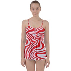 Red White Background Swirl Playful Babydoll Tankini Top by Cemarart