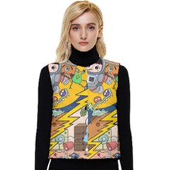 Astronaut Moon Monsters Spaceship Universe Space Cosmos Women s Button Up Puffer Vest by Maspions