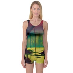 Nature Swamp Water Sunset Spooky Night Reflections Bayou Lake One Piece Boyleg Swimsuit by Grandong