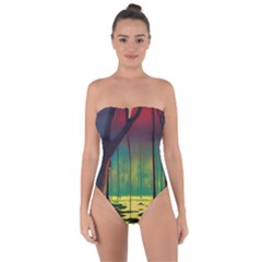 Nature Swamp Water Sunset Spooky Night Reflections Bayou Lake Tie Back One Piece Swimsuit by Grandong