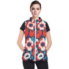 Red Poppies Flowers Art Nature Pattern Women s Puffer Vest by Maspions