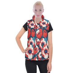 Red Poppies Flowers Art Nature Pattern Women s Button Up Vest by Maspions
