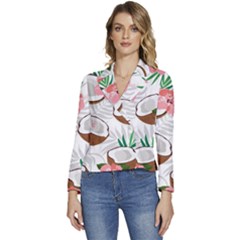 Seamless Pattern Coconut Piece Palm Leaves With Pink Hibiscus Women s Long Sleeve Revers Collar Cropped Jacket by Apen