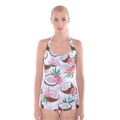 Seamless Pattern Coconut Piece Palm Leaves With Pink Hibiscus Boyleg Halter Swimsuit  by Apen