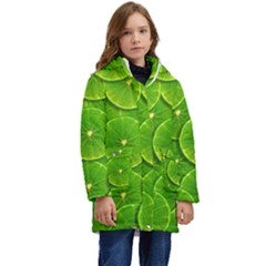 Lime Textures Macro, Tropical Fruits, Citrus Fruits, Green Lemon Texture Kids  Hooded Longline Puffer Jacket by nateshop