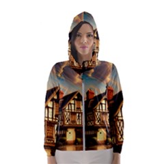 Village House Cottage Medieval Timber Tudor Split Timber Frame Architecture Town Twilight Chimney Women s Hooded Windbreaker by Posterlux