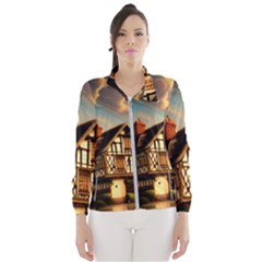 Village House Cottage Medieval Timber Tudor Split Timber Frame Architecture Town Twilight Chimney Women s Windbreaker by Posterlux