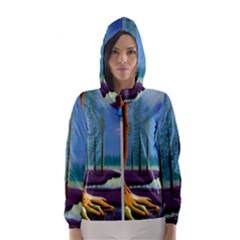 Artwork Outdoors Night Trees Setting Scene Forest Woods Light Moonlight Nature Women s Hooded Windbreaker by Posterlux