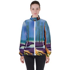 Artwork Outdoors Night Trees Setting Scene Forest Woods Light Moonlight Nature Women s High Neck Windbreaker