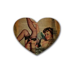 Vintage Newspaper Print Sexy Hot Pin Up Girl Paris Eiffel Tower Drink Coasters (heart) by chicelegantboutique