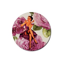 Cute Purple Dress Pin Up Girl Pink Rose Floral Art Drink Coaster (round) by chicelegantboutique