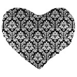 Black & White Damask Pattern Large 19  Premium Heart Shape Cushion