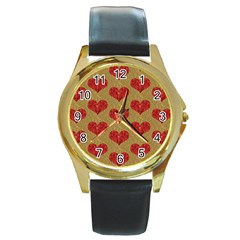 Sparkle Heart  Round Leather Watch (gold Rim)  by Kathrinlegg