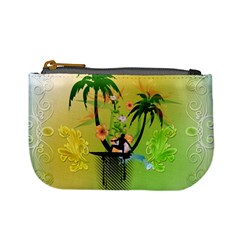 Surfing, Surfboarder With Palm And Flowers And Decorative Floral Elements Mini Coin Purses by FantasyWorld7