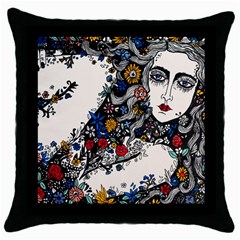 Flower Woman Square Black Throw Pillow Case by DryInk