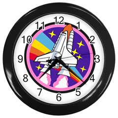 Badge Patch Pink Rainbow Rocket Wall Clocks (black) by Amaryn4rt